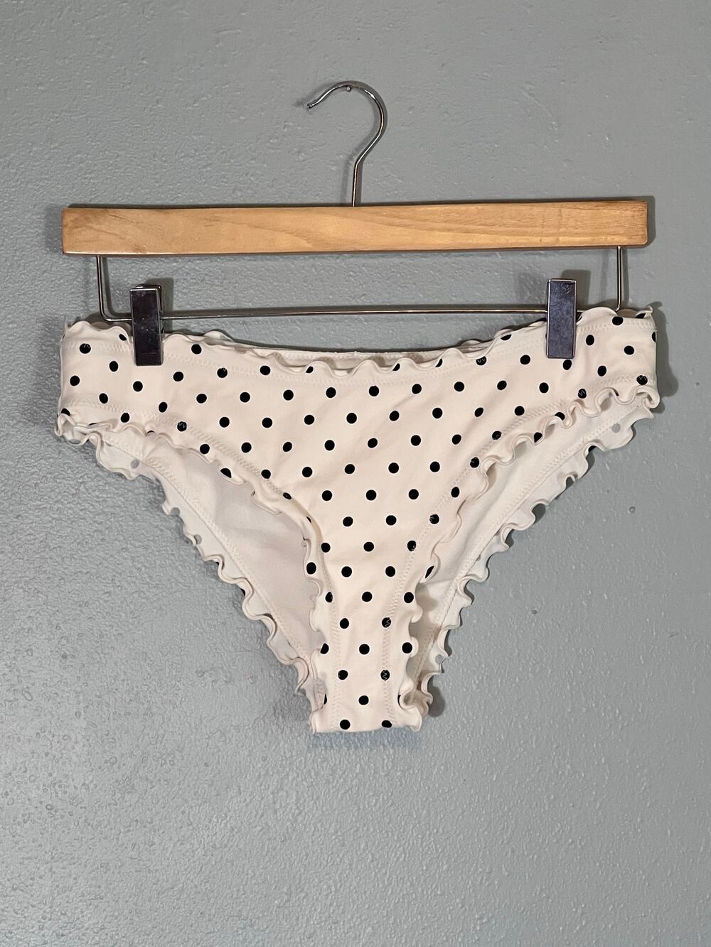 Polka Dot Ruffle Bikini Bottom New Sz Small Flirty Low Rise Swimsuit Black White